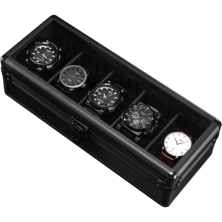 Aluminium Horlogebox Zwart - 5 Horloges