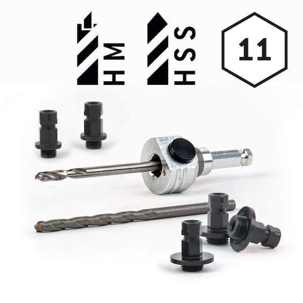 Schnellwechselaufnahme (komplett) 6kant 11mm-inkl. HSS und HM Zentrierbohrer und Adapter (2x klein / 3x groß)