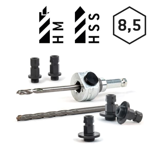 Schnellwechselaufnahme (komplett) 6kant 8,5mm-inkl. HSS und HM Zentrierbohrer und Adapter (2x klein / 3x groß)