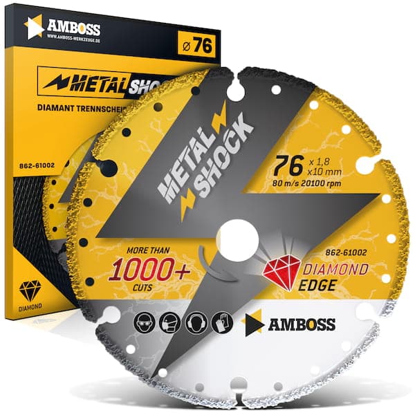 Amboss Metal Shock 1000+ - Diamant Trennscheibe 76 x 1,8 x 10 mm - passend für kompakte Akku-Winkelschleifer von Bosch / Metabo / Milwaukee uvm.