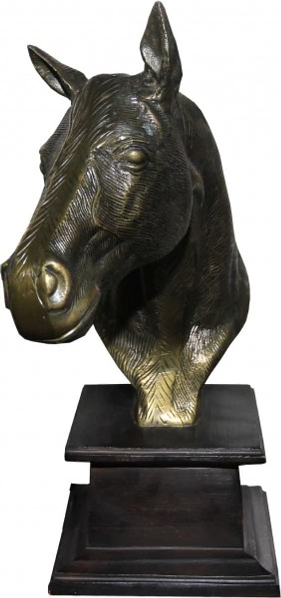 Casa Padrino Luxus Statue Pferd Figur auf Holzsockel  Antik Gold/Braun H 39 cm - Tier Skulptur
