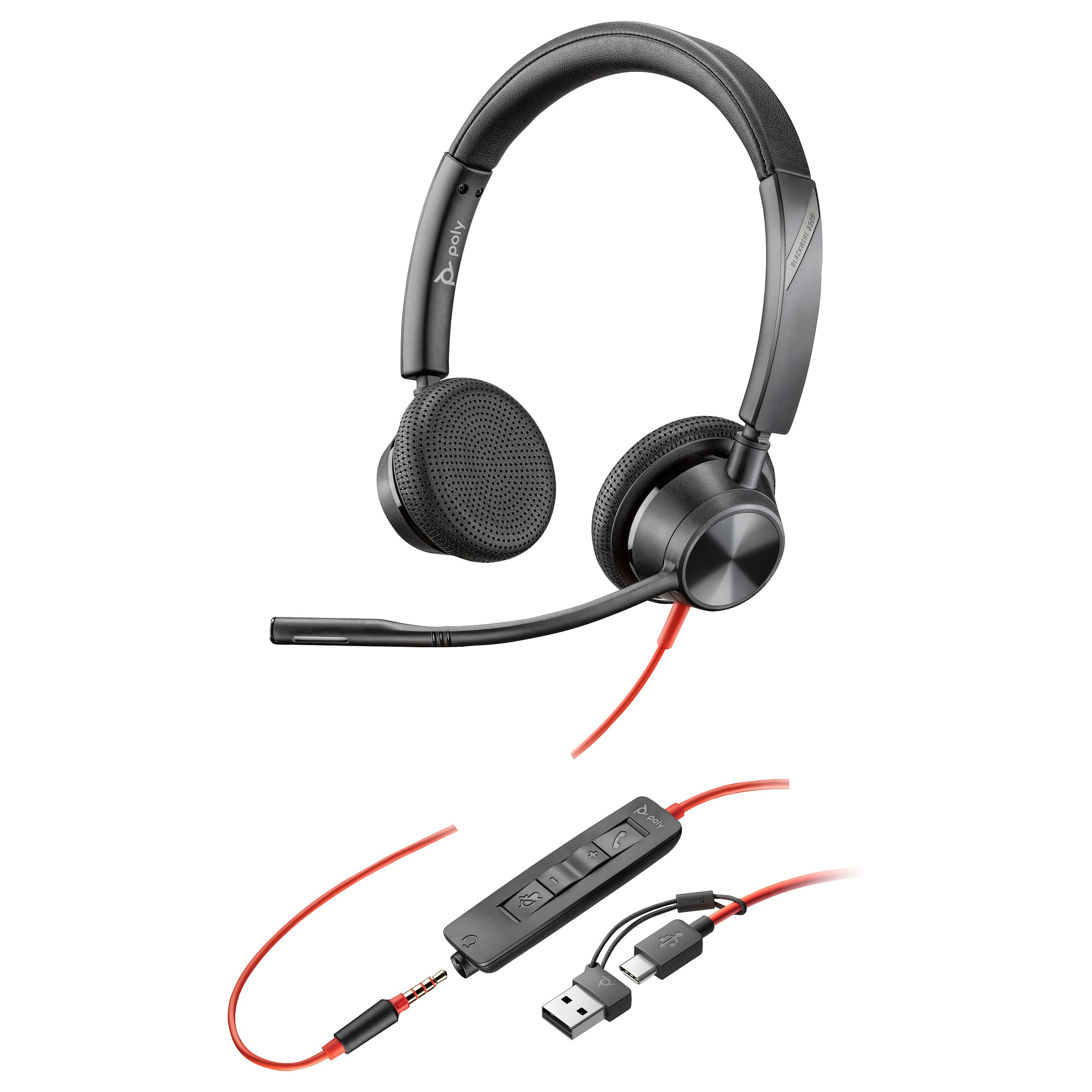 HP Poly Blackwire 3325 Stereo USB-C Headset +3.5mm Plug +USB-C/A Adapter