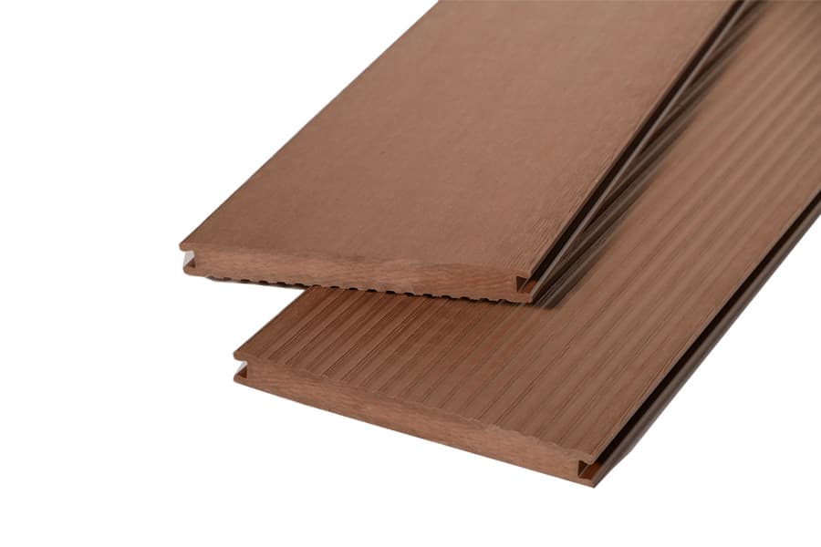 Plancher massif WPC WoodoKosXXL 20 x 200 mm, 4 m de long, brun-rouge strié / lisse, accessible des deux côtés