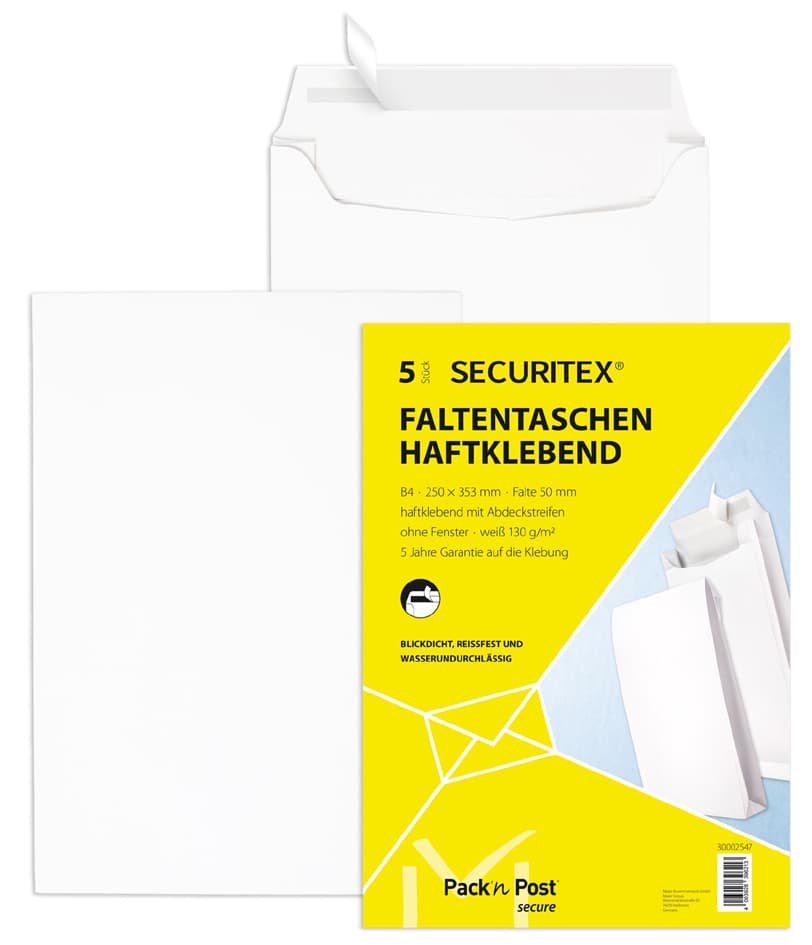 SECURITEX Faltenversandtasche B4, ohne Fenster, weiß