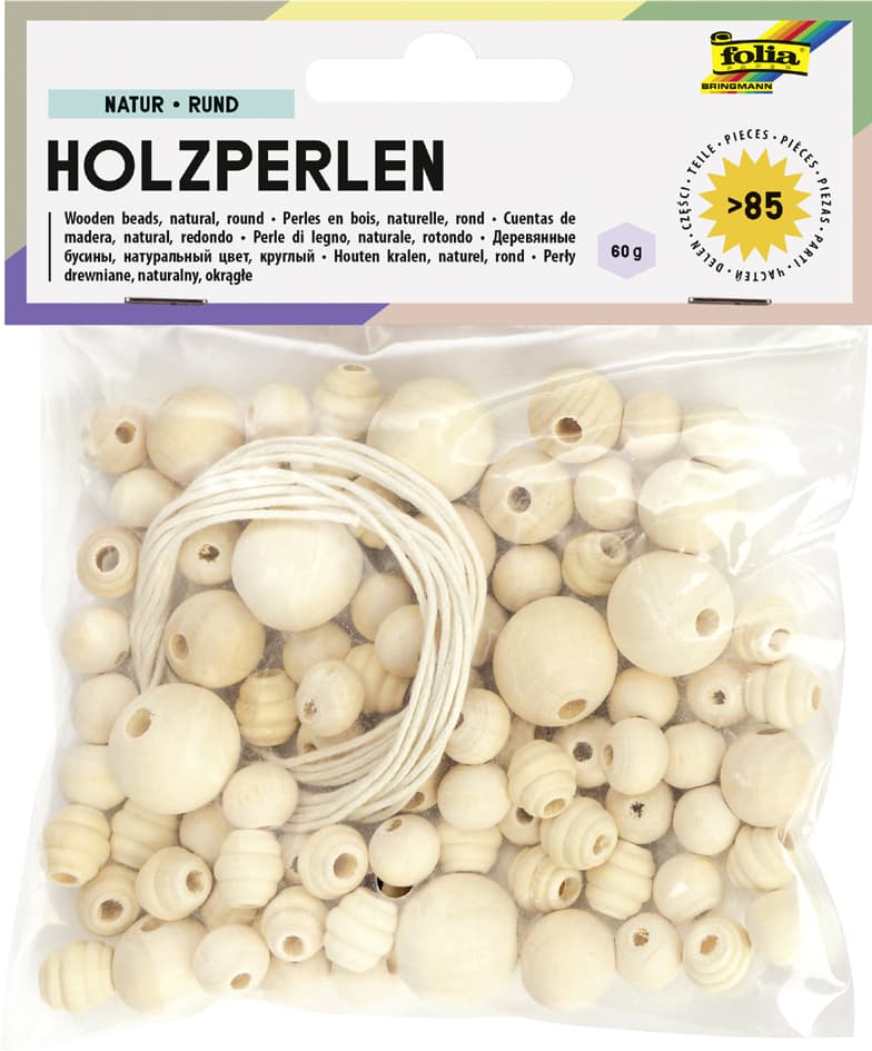 folia Holzperlen , Natur, , rund, 4 Größen sortiert