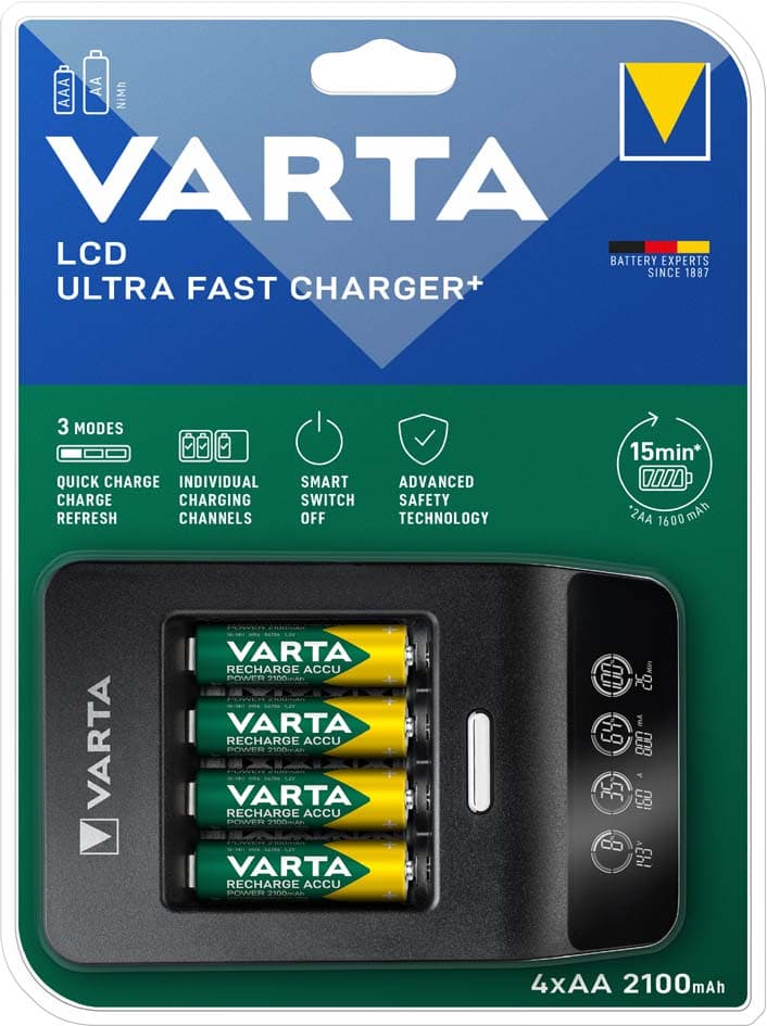 VARTA Ladegerät LCD Ultra Fast Charger+, inkl. 4x Mignon