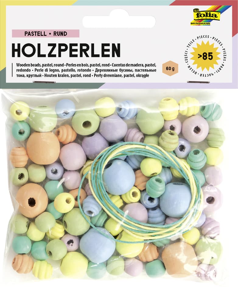 folia Holzperlen , Pastell, , rund, 4 Größen sortiert