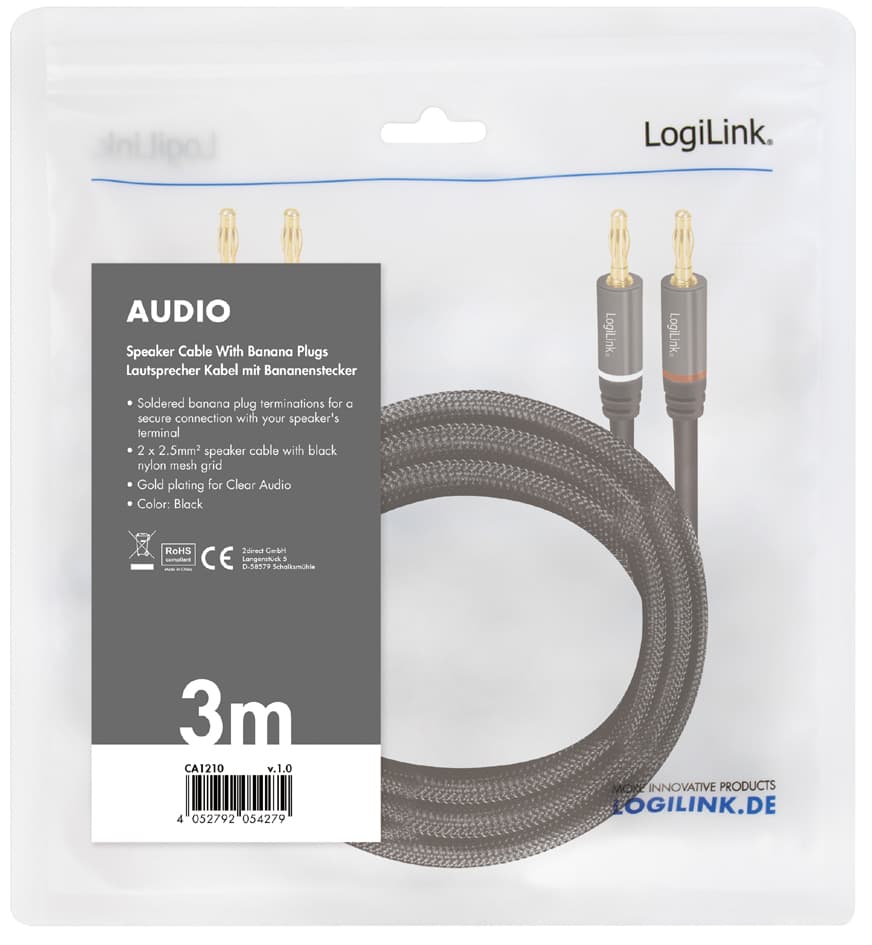 LogiLink Lautsprecherkabel, 2 x 2 Bananenstecker, 3,0 m