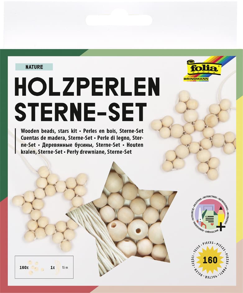 folia Holzperlen Sterne-Set NATURE, 161-teilig