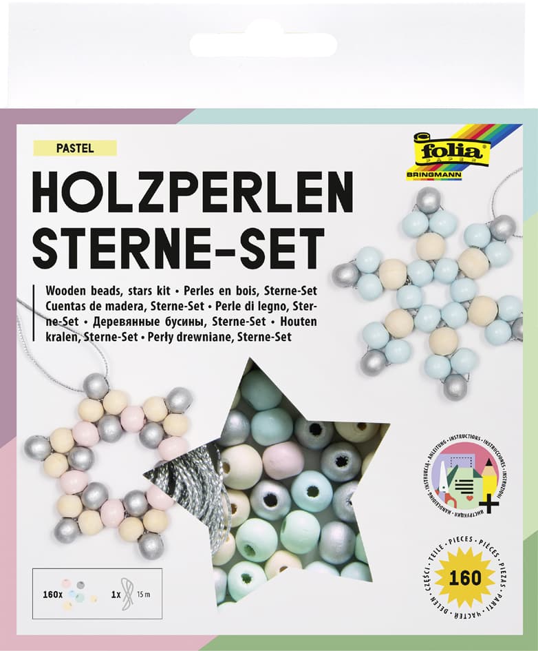 folia Holzperlen Sterne-Set PASTELL, 161-teilig