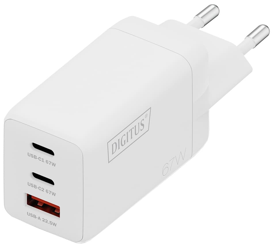 DIGITUS USB-Steckdosenadapter GaN Charger, 2x USB-C/1x USB-A