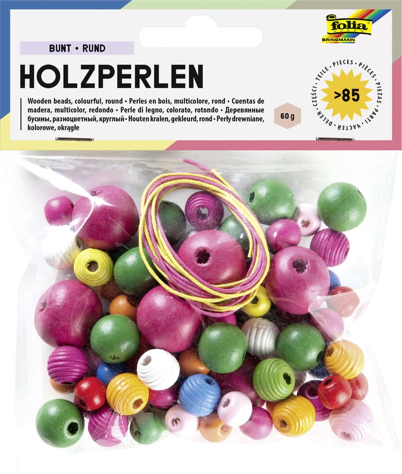 folia Holzperlen, rund, Größe und Farben sortiert