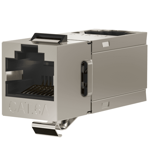 Keystone Einbauadapter RJ45 STP, Cat.6A -- 90° Anschluß, Edelstahlblechgehäuse