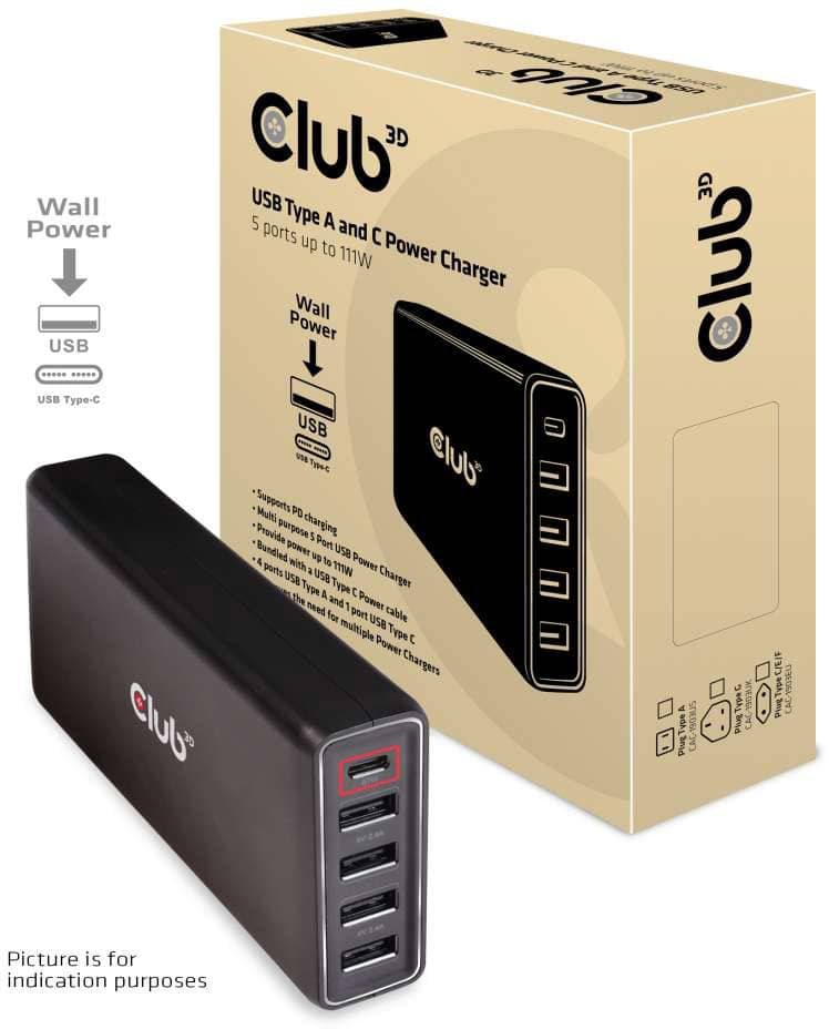 Club3D Schnellladegerät 1xUSB Typ C, 4xUSB Typ A, PD 111W retail