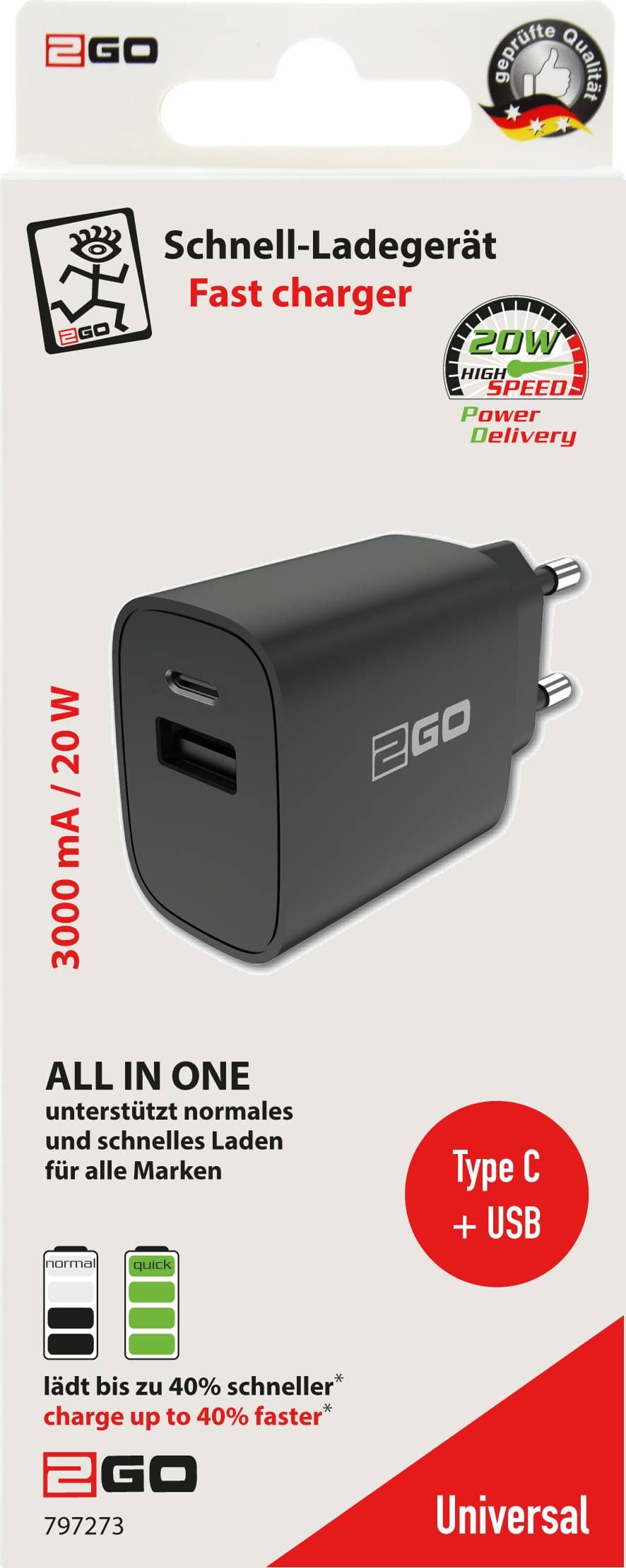 2GO Ladegerät 20W 2-Port 1x USB-A u. 1x USB-C    schwarz