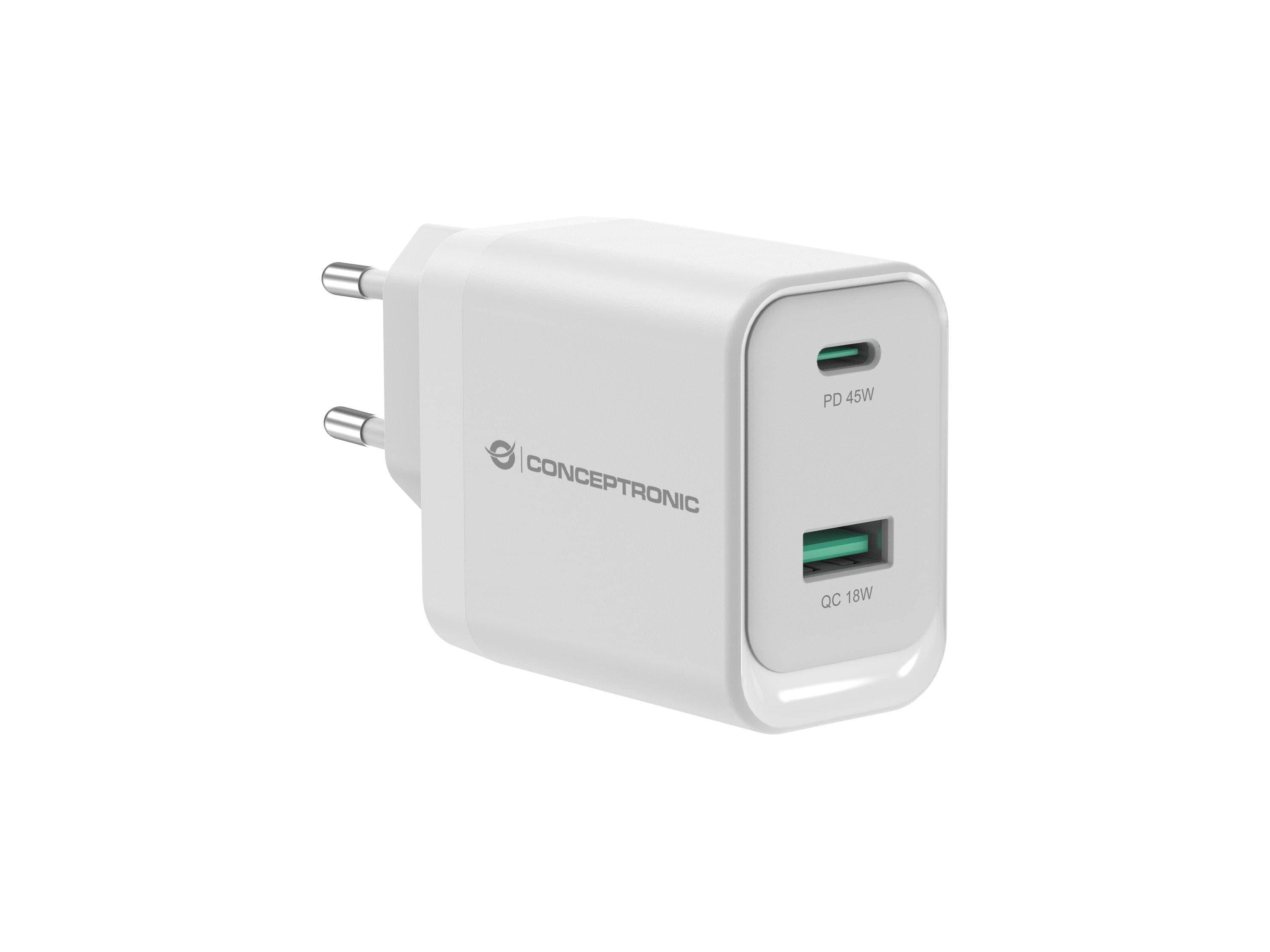 CONCEPTRONIC Ladegerät 2Port GaN USB-C/-A    45WPD3.0/PPS ws