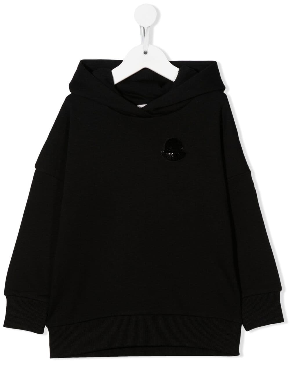 Felpa bambina con cappuccio modello abito con logo in paillates