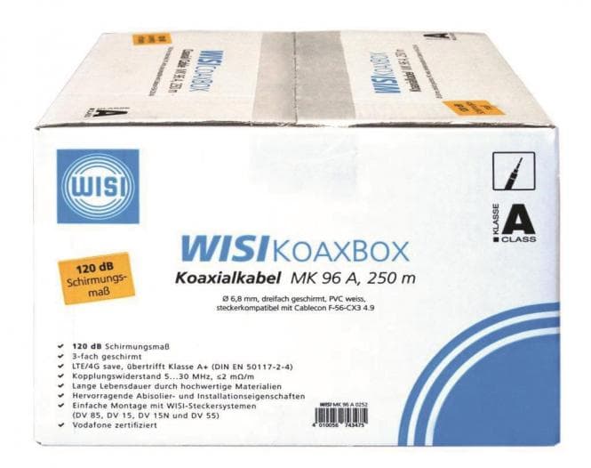 WISI Koaxialkabel 250m MK96A0252 Abroll-Box 120dB Dca,s3,d2,a3 Vodafone (Inhalt 250 Stück)