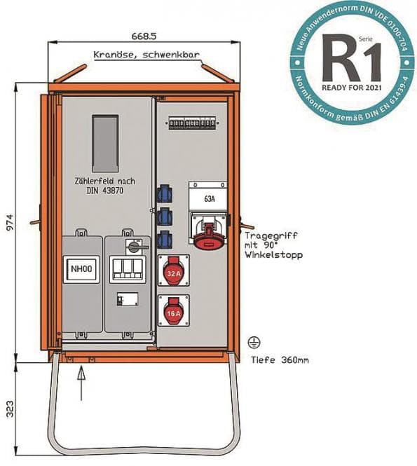 Walther Anschlussverteiler WAV0160R1 44kVA Zählerpl.RCD Typ B 5 LS 3 CEE-Abg