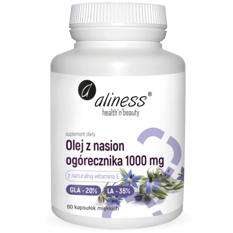 Kwasy Tłuszczowe Omega + E Aliness Olej z Nasion Ogórecznika 1000 mg GLA 20% LA 35% 60softgels
