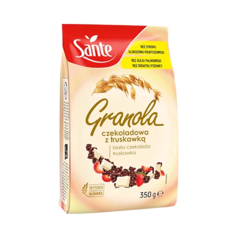 Zdrowa Żywność Zamiennik Śniadania Sante Granola z Białą Czekolada i Truskawkami 350g