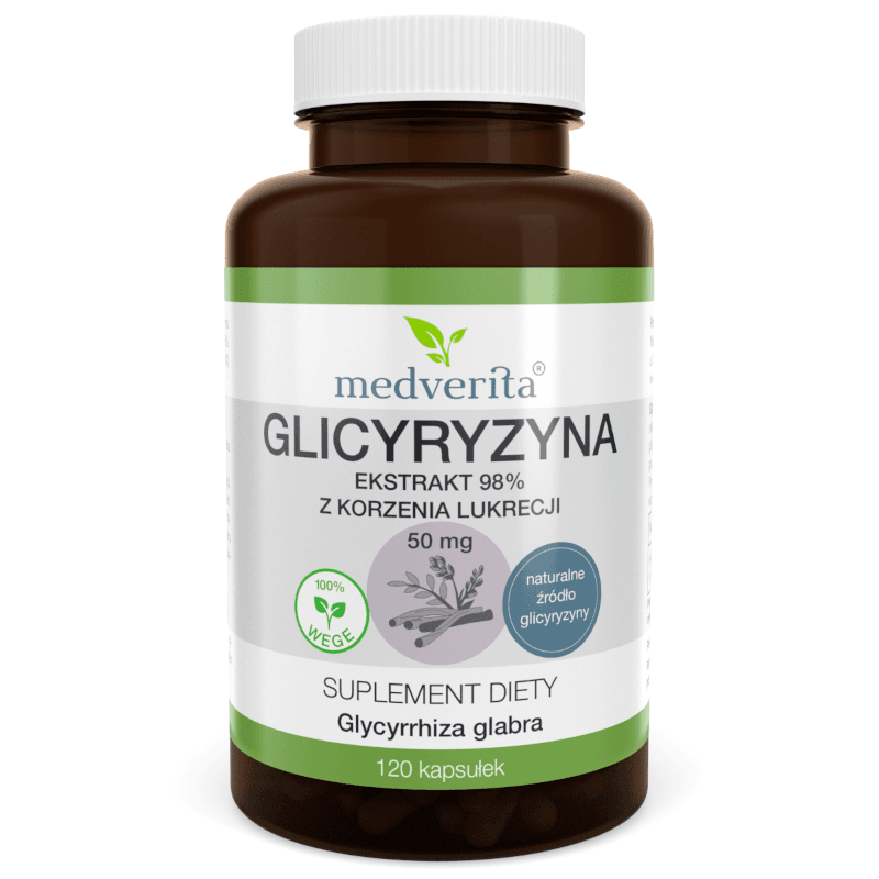Wsparcie Odporności Lukrecja MEDVERITA Glicyryzyna Lukrecja Ekstrakt 98% z Korzenia 50mg 120kaps
