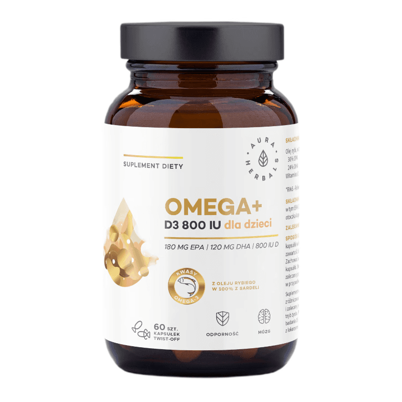 Kwasy Tłuszczowe Aura Herbals Omega+ D3 800 IU dla dzieci 60kaps