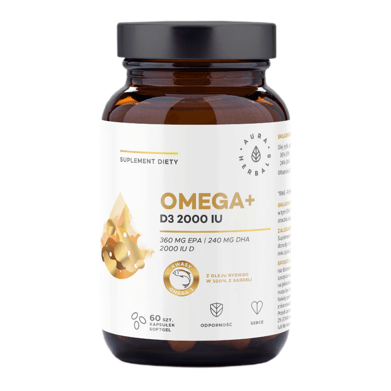 Kwasy Tłuszczowe Aura Herbals Omega+ Witamina D3 2000 IU 60 kaps
