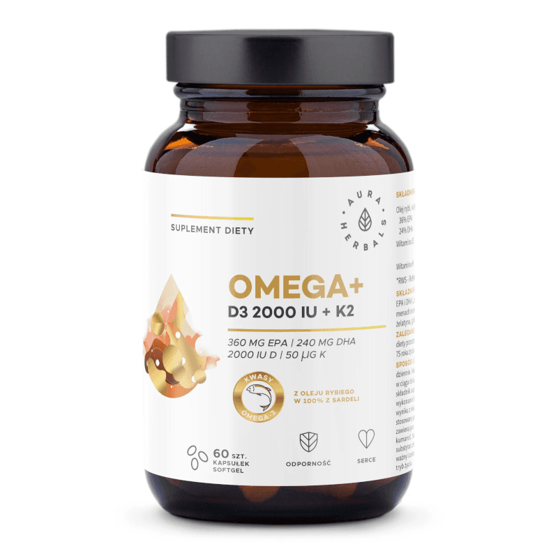 Kwasy Tłuszczowe Aura Herbals Omega+ D3 2000 IU + K2 60 kaps