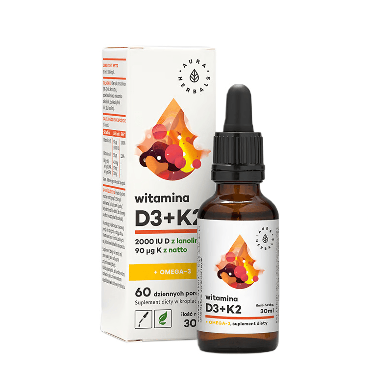 Kwasy Tłuszczowe Aura Herbals D3+K2 + omega 3 - 30 ml