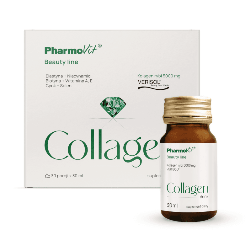 Wsparcie Włosów, Skóry, Paznokci Kolagen Pharmovit Collagen drink Beauty line 30szt x 30ml