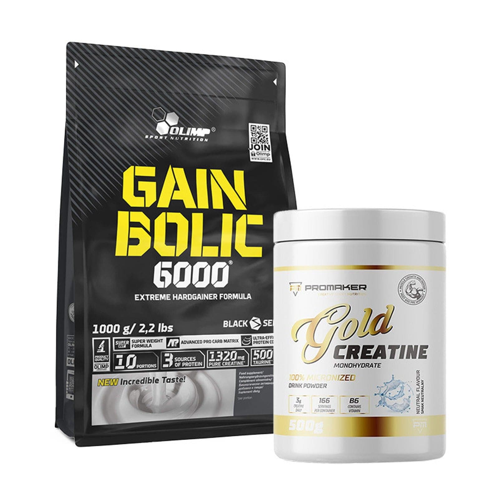 Zestaw na Budowę Masy Mięśniowej Olimp Gain Bolic 6000 1kg Czekolada + Promaker Gold Kreatyna + B6 500g Pure