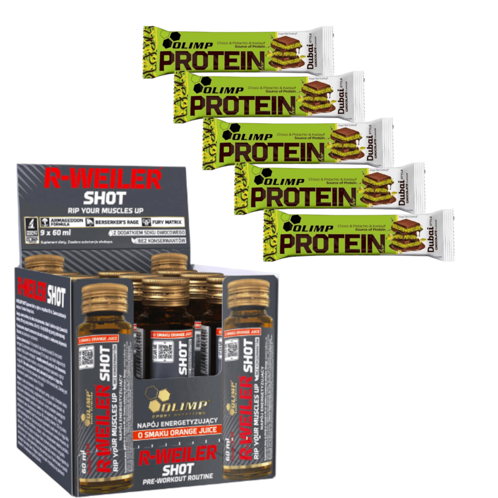 Zestaw Olimp Nutrition 5x Bar Dubai 40g czekolada + 9x R-Weiler 60ml cola