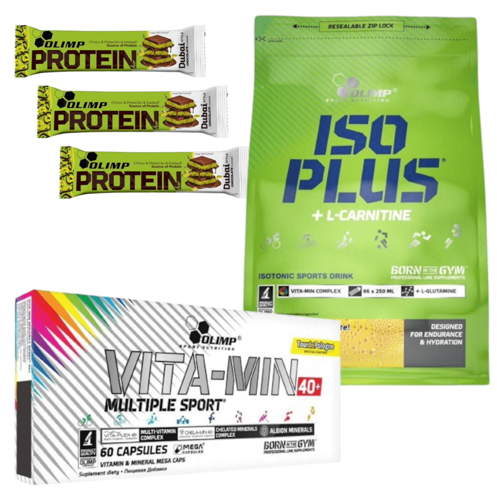 Zestaw Olimp Nutrition Iso Plus 1505g Pomarańczowy 3x bar Dubai 40g Czekolada+ Vita-min Multiple Sport 40+ 60kaps
