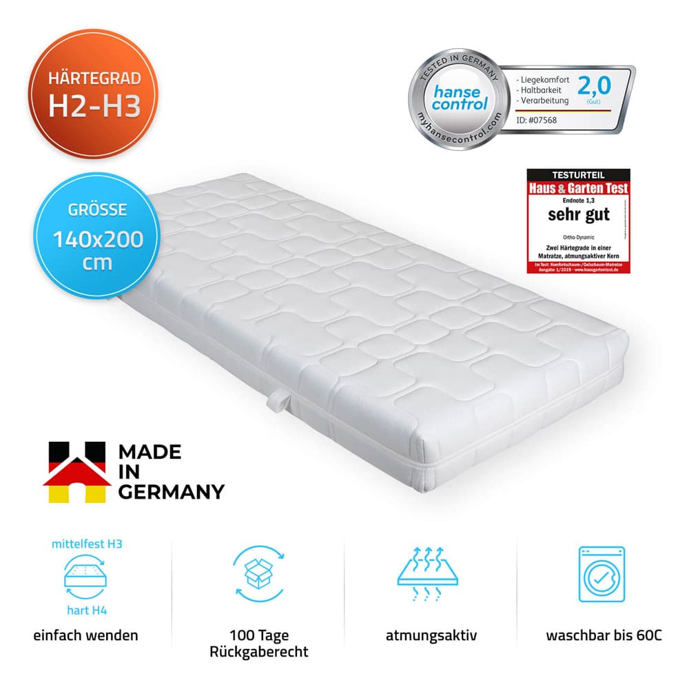 Home Deluxe Colchón ORTHO DYNAMIC - 140 x 200 cm blando-medio firme Hecho en Alemania