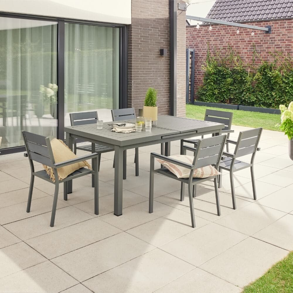 Home Deluxe Grupo de asientos de jardín CALIDO MADERA que incluye mesa de jardín extensible y 10 sillas