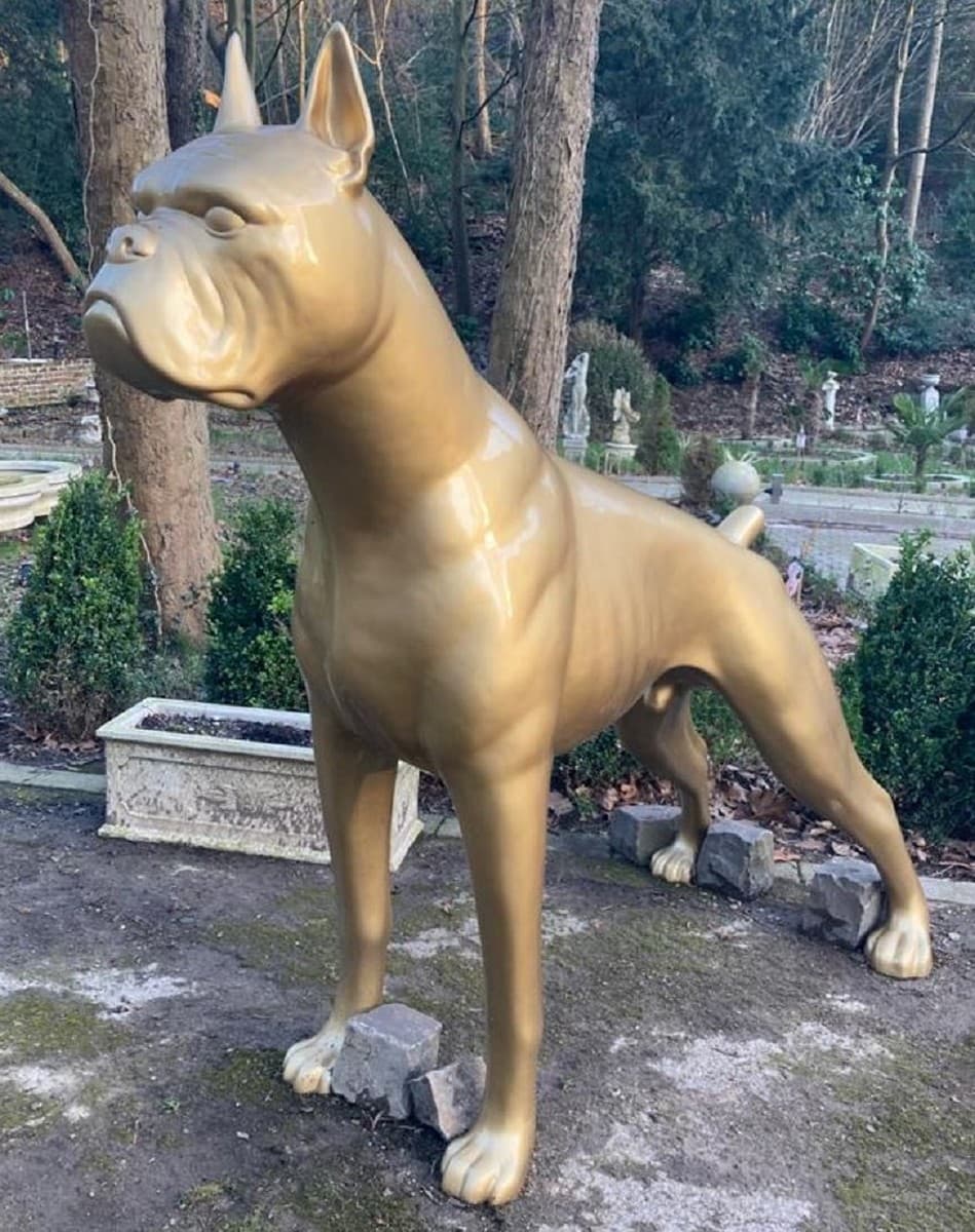 Riesige XXL Boxer Skulptur Gold 190 x H. 173 cm - Wetterbeständige Deko Gartenskulptur - Gartendeko Tierfigur Hunde Skulptur Hund