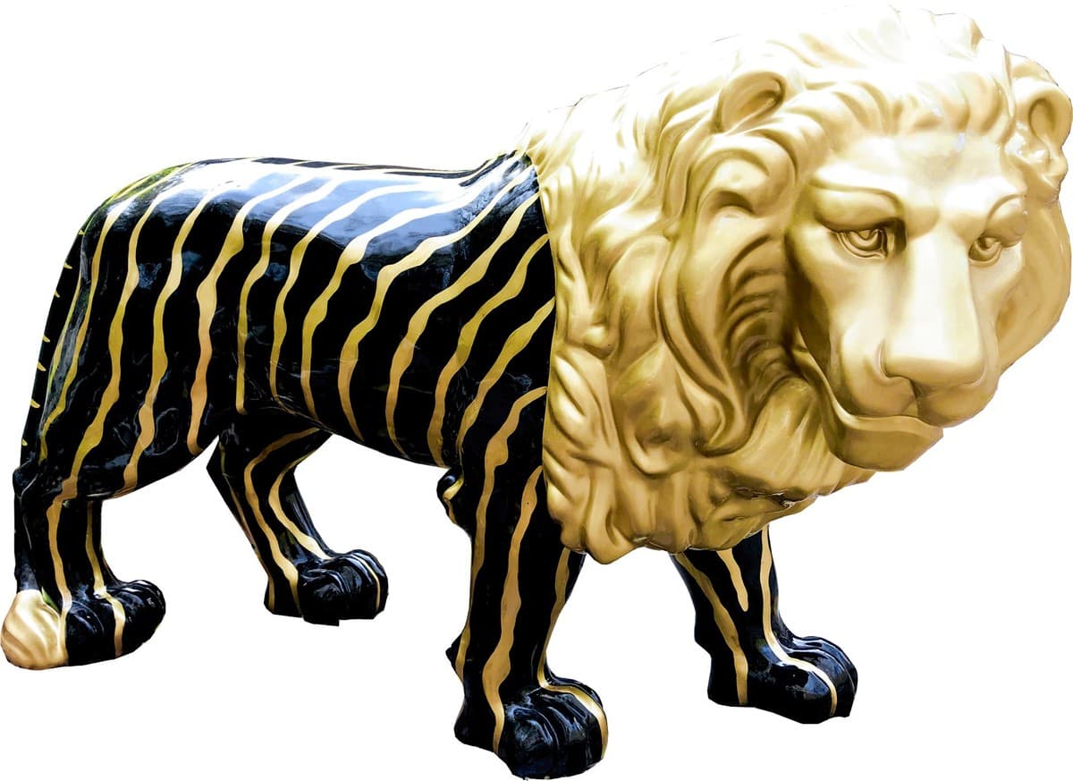 Casa Padrino Designer Dekofigur Löwe Schwarz / Gold Lebensgross 190 x 61 x H. 140 cm - Riesige LebensgroÃe Skulptur - Gartendeko