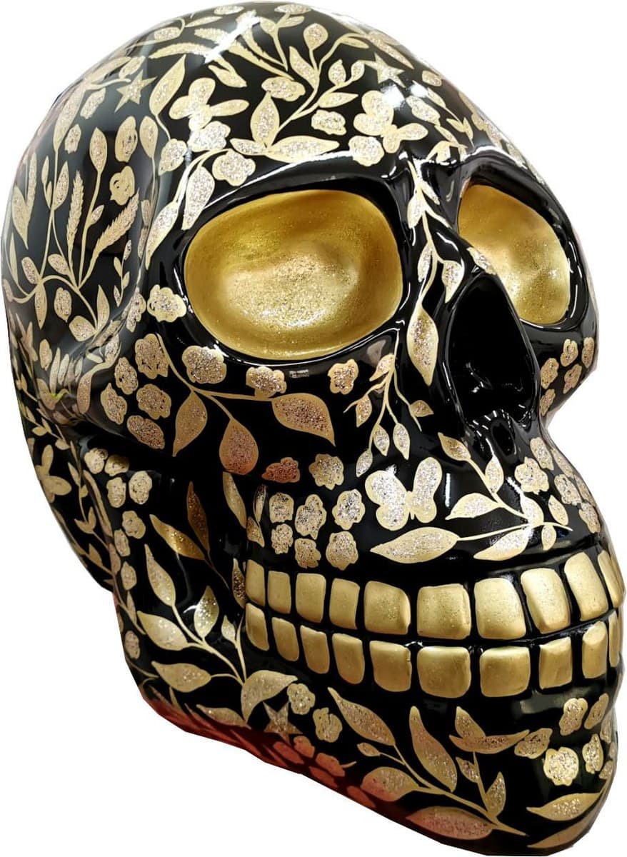 Casa Padrino Designer Deko Skulptur Totenkopf mit Glitzer Look Schwarz / Gold 44 x 58 x H. 66 cm - Wetterbeständige Dekofigur - Wohnzimmer Deko - Garten Deko Skull