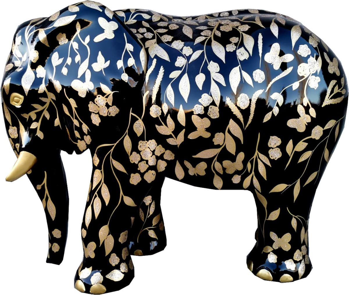 Casa Padrino Designer Deko Skulptur Elefant mit Glitzer Look Schwarz / Gold 90 x H. 70 cm - Deko Tierfigur - Wetterbeständige Gartendekofigur - Deko Accessoires