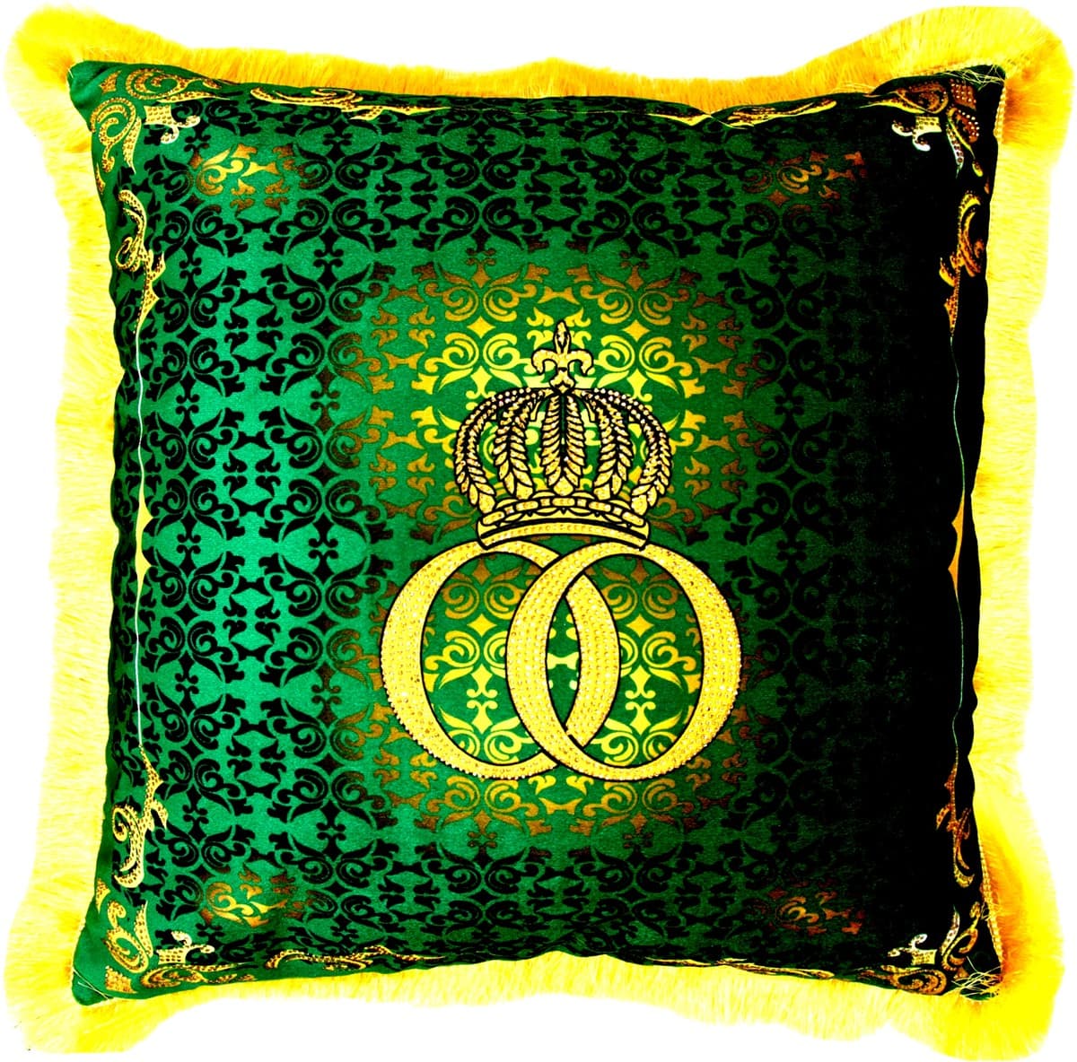 Harald Glööckler luxury decorative pillow Pompöös by Casa Padrino baroque pattern green / gold 50 x 50 cm - Glööckler pillow with rhinestones