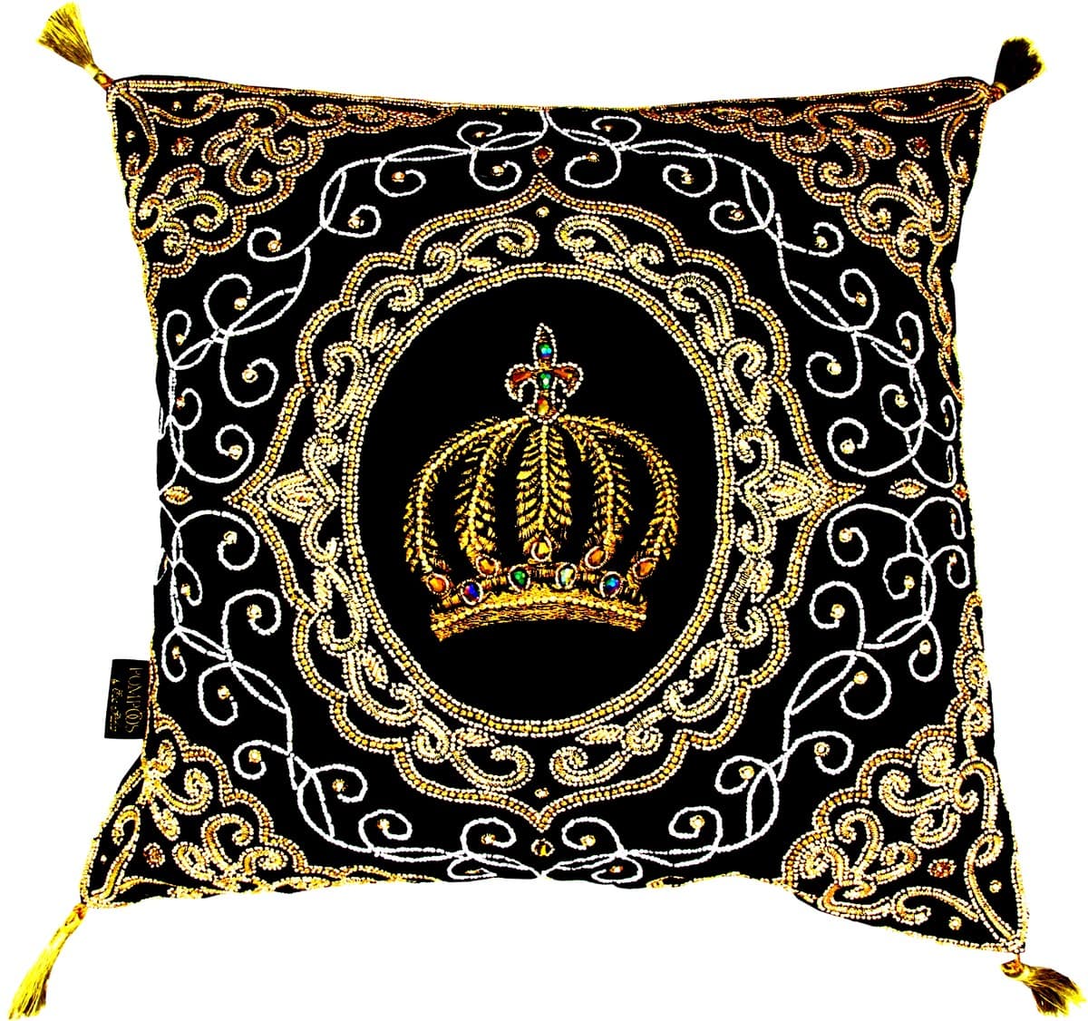 Harald Glööckler luxury baroque decorative pillow Pompöös by Casa Padrino crown black / gold intricately decorated with sequins and rhinestones