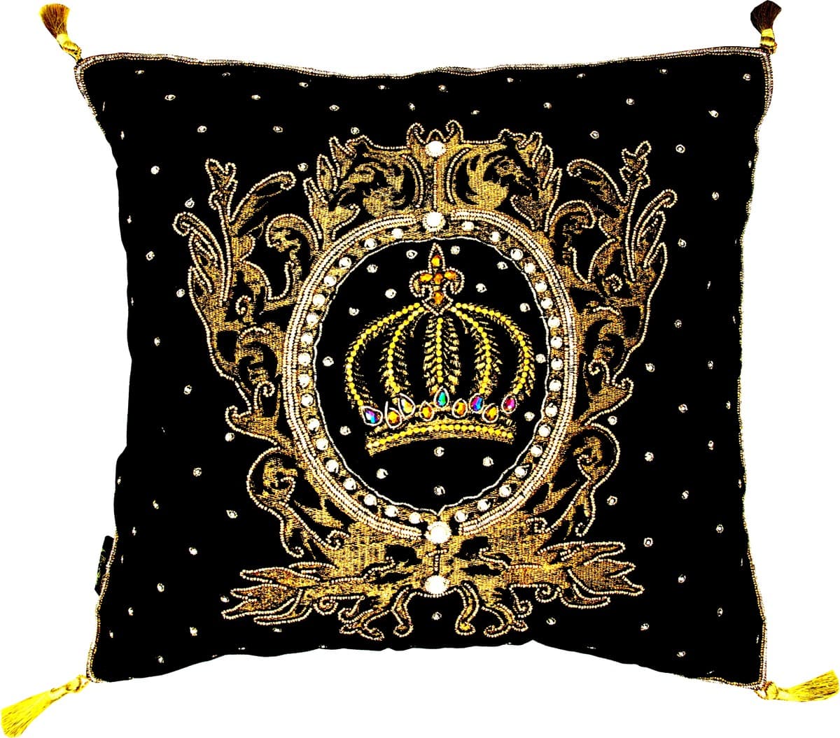 Harald Glööckler Luxury Baroque Decorative Pillow Pompöös by Casa Padrino Crown & Stars Black / Gold intricately decorated with sequins and rhinestones