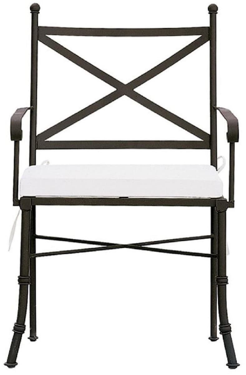 Casa Padrino Luxus Jugendstil Gartenstuhl mit Armlehnen und Sitzkissen Braun / Weià 61 x 51 x H. 97 cm - Handgeschmiedeter Esszimmer Stuhl - Esszimmer Garten Terrassen Möbel