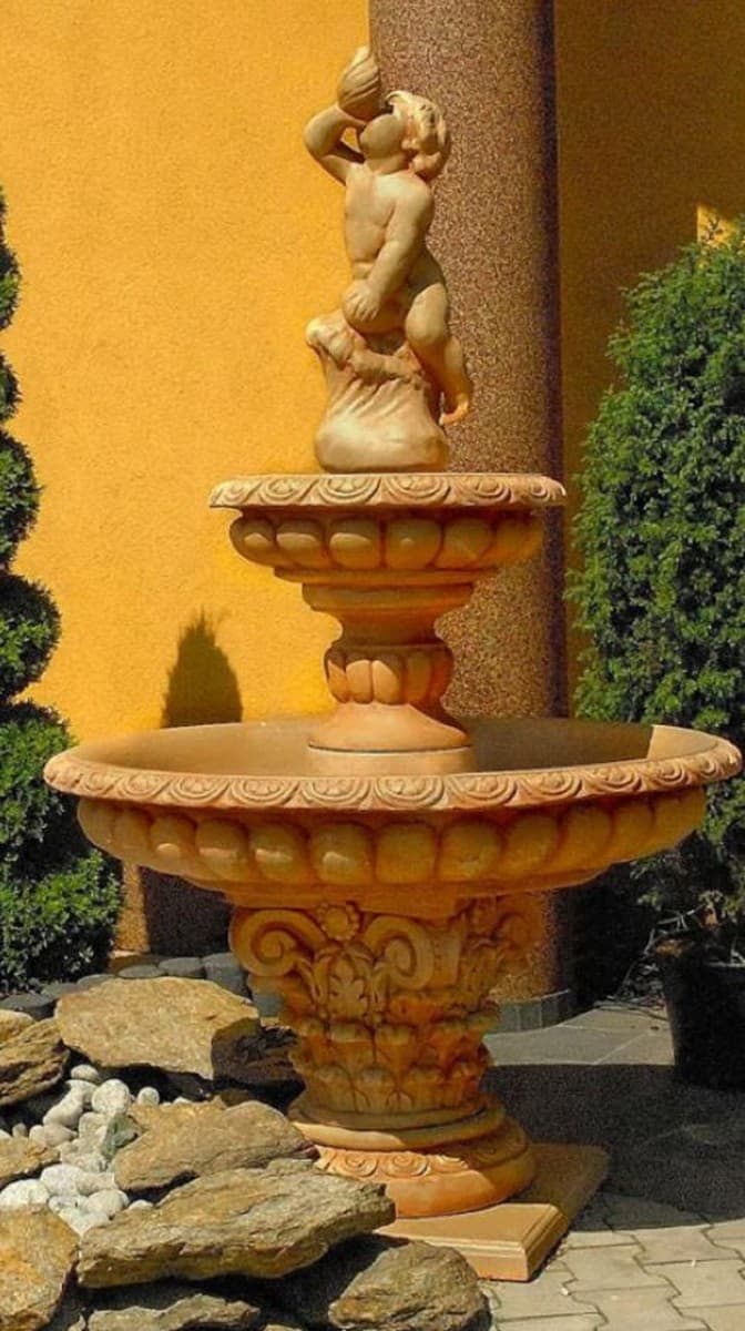 Casa Padrino Barock Springbrunnen Beige à 114 x H. 185 cm - Prunkvoller Gartenbrunnen - Gartendeko Brunnen - Barock Garten Deko Accessoires