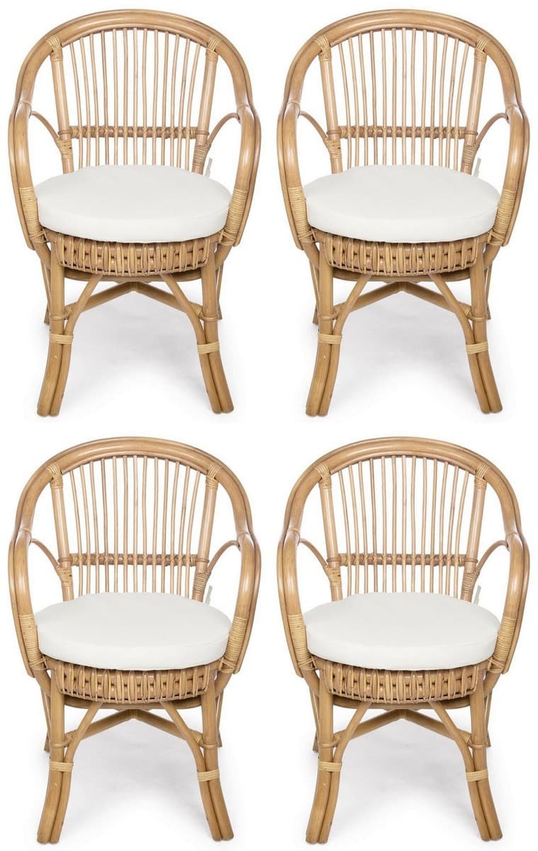 Casa Padrino Luxus Gartenstuhl 4er Set Naturfarben / Weià 57 x 61 x H. 80 cm - Rattan Stühle mit Armlehnen und Sitzkissen - Moderne Rattan Garten & Terrassen Möbel
