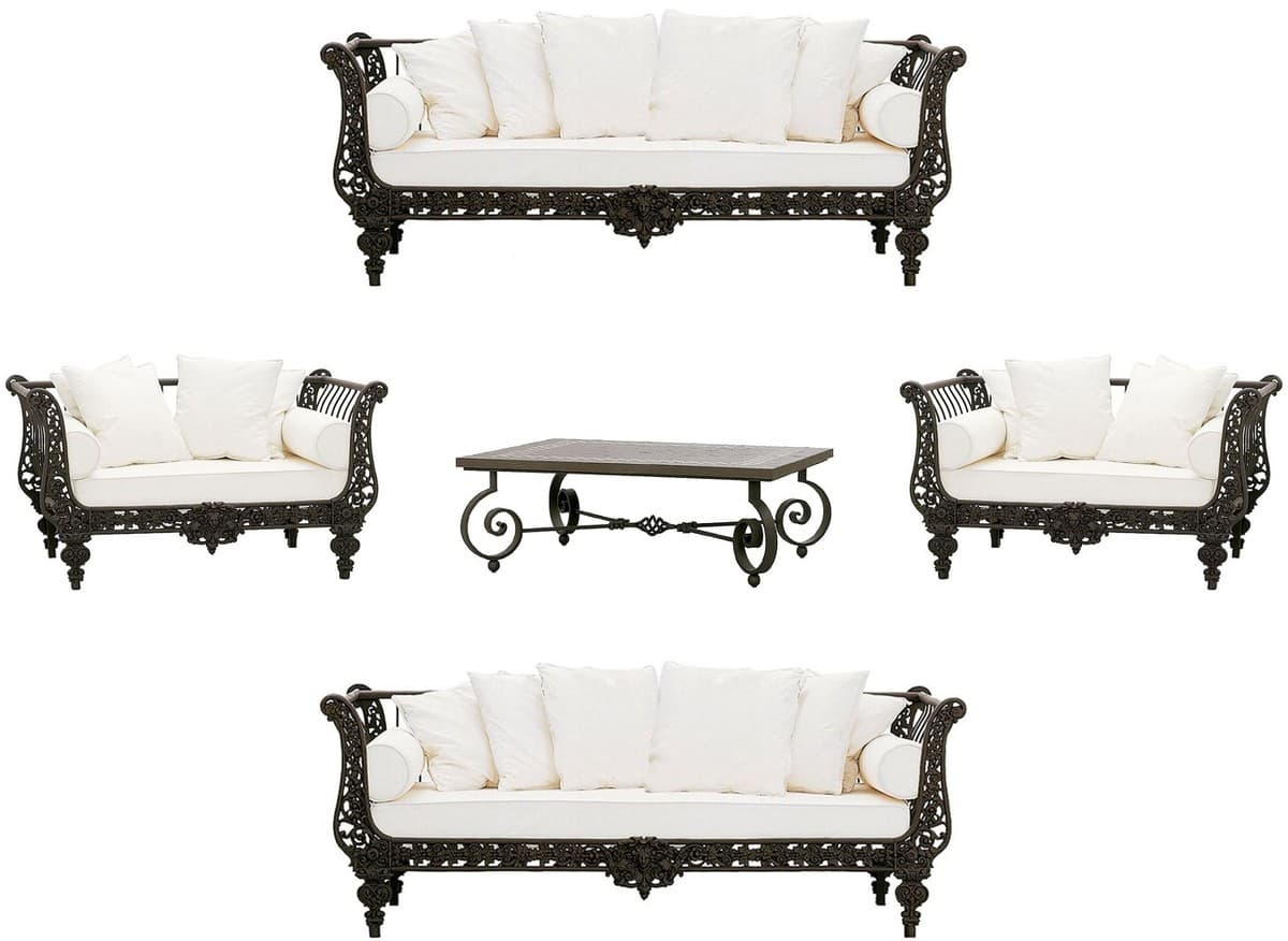 Casa Padrino Luxus Barock Schmiedeeisen Möbel Set Dunkelbraun / Weià - 2 Luxus Sofas & 2 Luxus Sessel & 1 Luxus Couchtisch - Wohnzimmer Möbel - Garten Möbel - Hotel Möbel - Luxus Barock Möbel