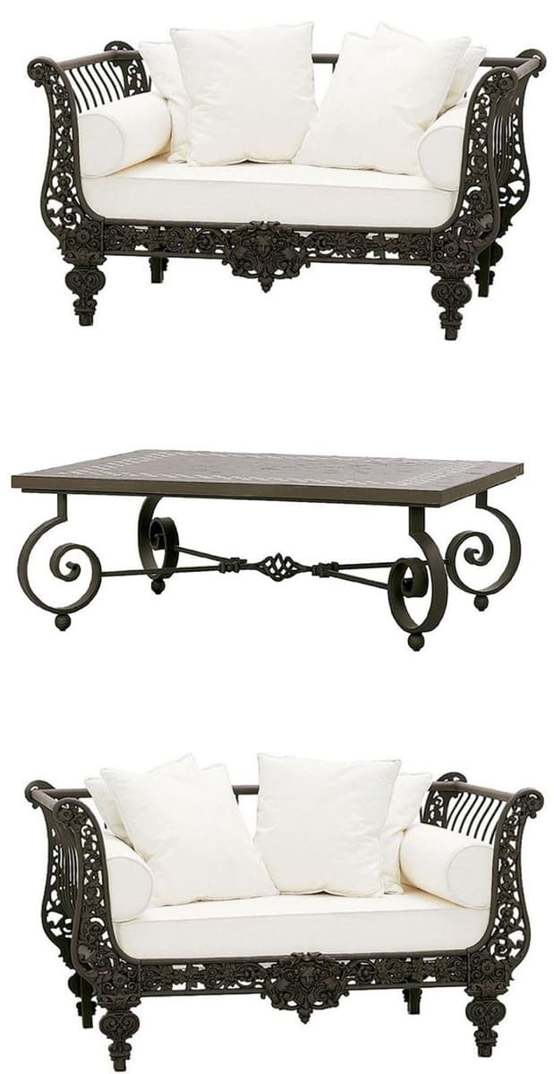 Casa Padrino Luxus Barock Schmiedeeisen Möbel Set Dunkelbraun / Weià - 2 Luxus Sessel & 1 Luxus Couchtisch - Wohnzimmer Möbel - Garten Möbel - Hotel Möbel - Luxus Barock Möbel