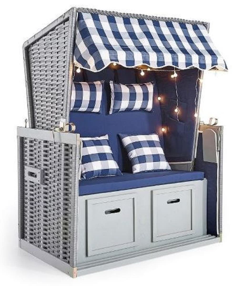 Casa Padrino Strandkorb Grau / Blau / Weià 116 x 76 x H. 160 cm - Holz Strandkorb mit Dach und LED Beleuchtung - Garten Möbel - Pool Möbel - Outdoor Möbel
