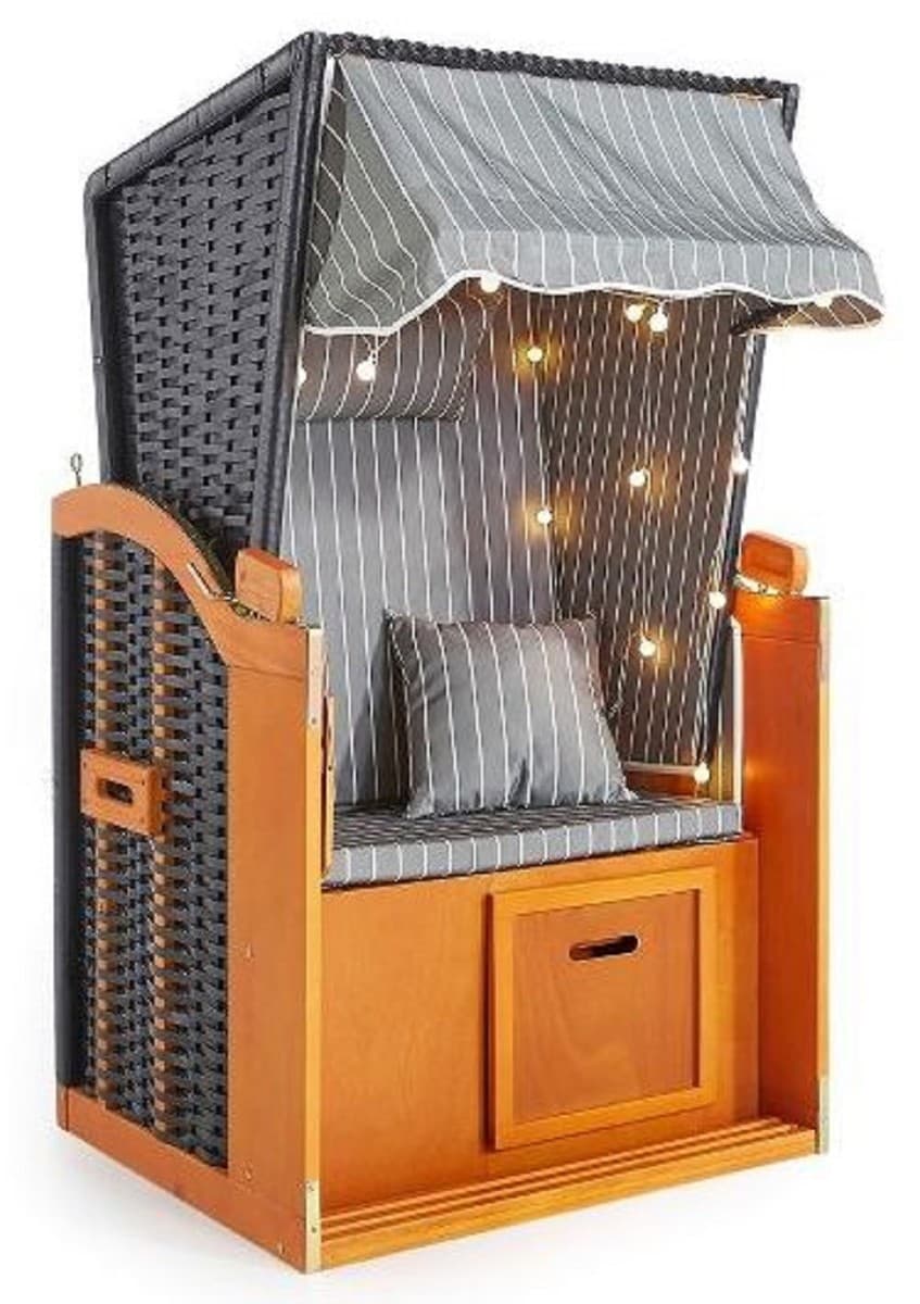 Casa Padrino Strandkorb Braun / Schwarz / Grau / Weià 81 x 72 x H. 160 cm - Strandkorb mit Dach und LED Beleuchtung - Garten Möbel - Pool Möbel - Outdoor Möbel